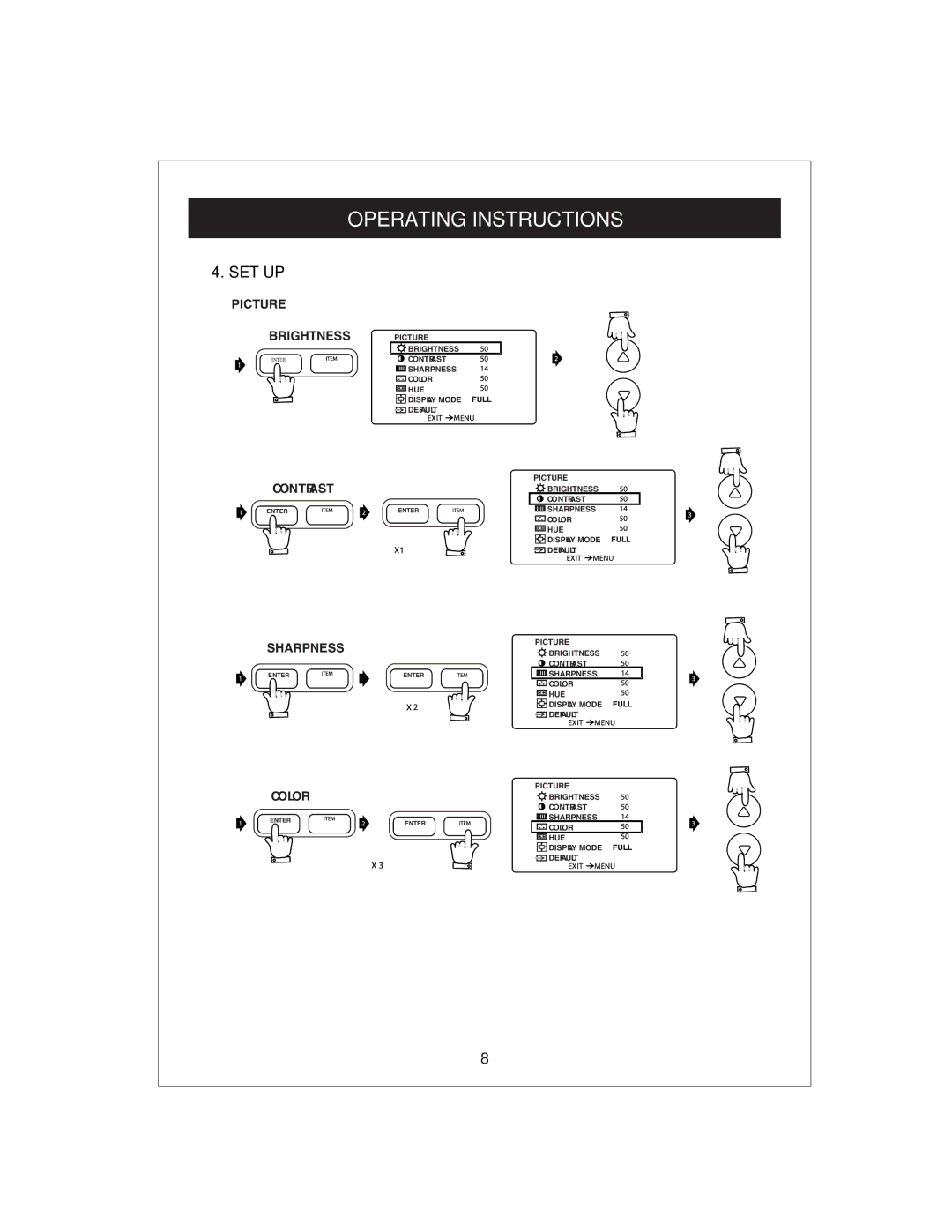 Curtis KCR2610 owner manual Set Up, Picture Brightness Contrast, Sharpness, Color 