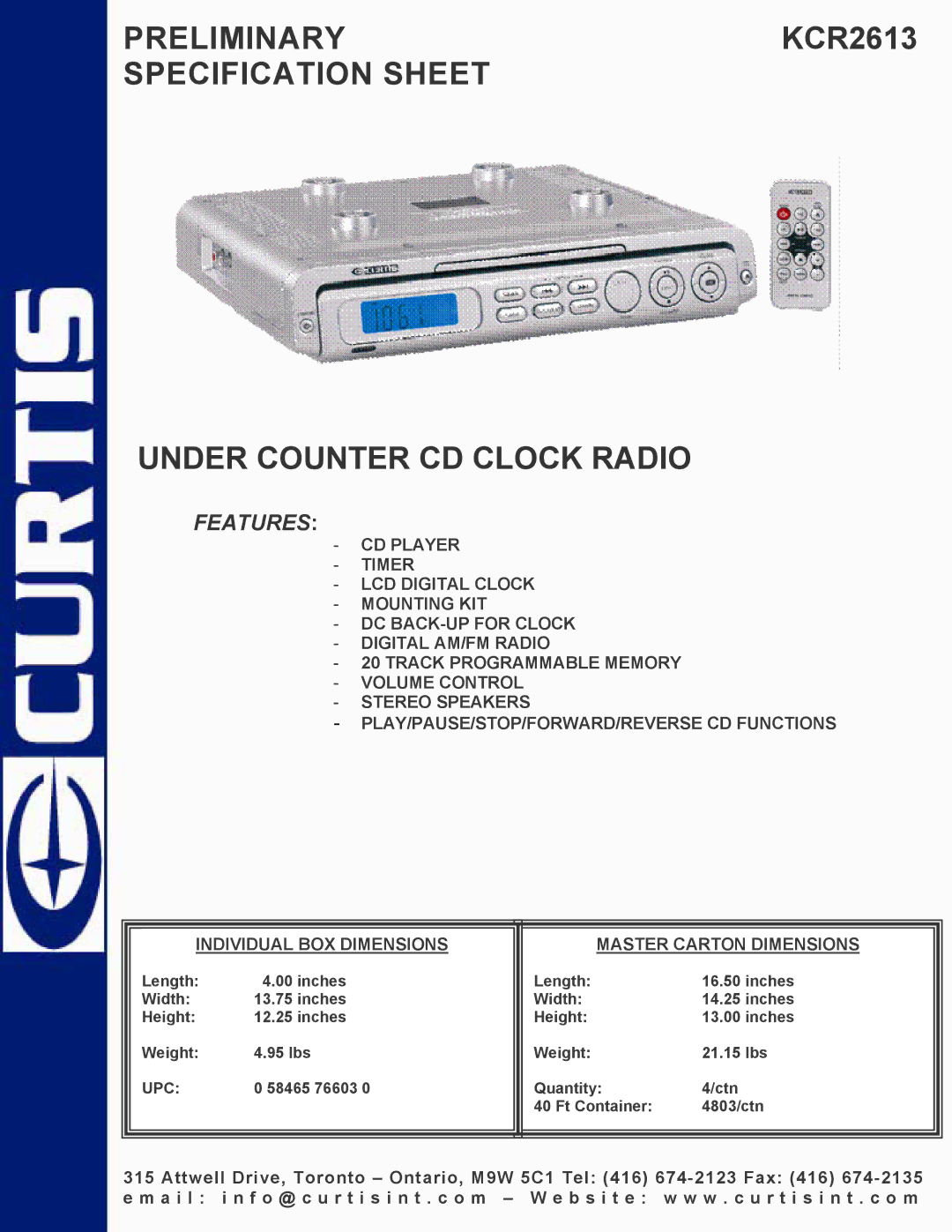 Curtis KCR2613 specifications Features 