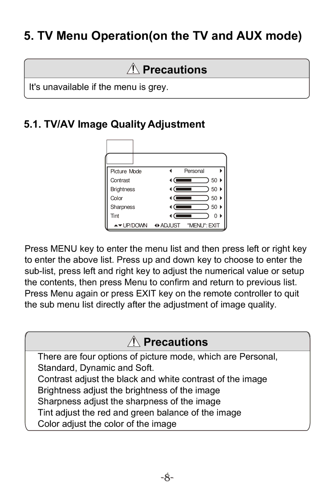 Curtis KCR2614A manual TV Menu Operationon the TV and AUX mode, TV/AV Image Quality Adjustment 