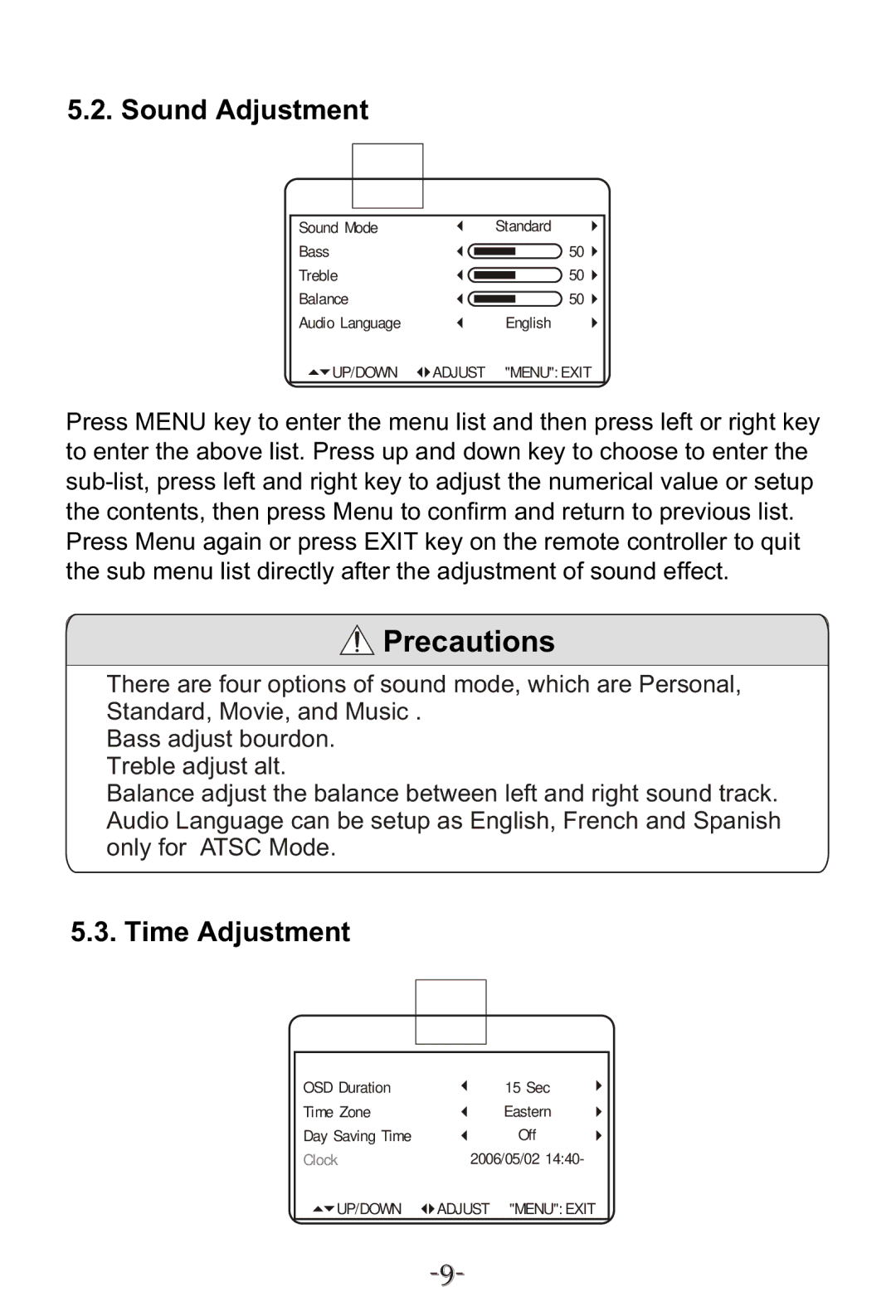 Curtis KCR2614A manual Sound Adjustment, Time Adjustment 