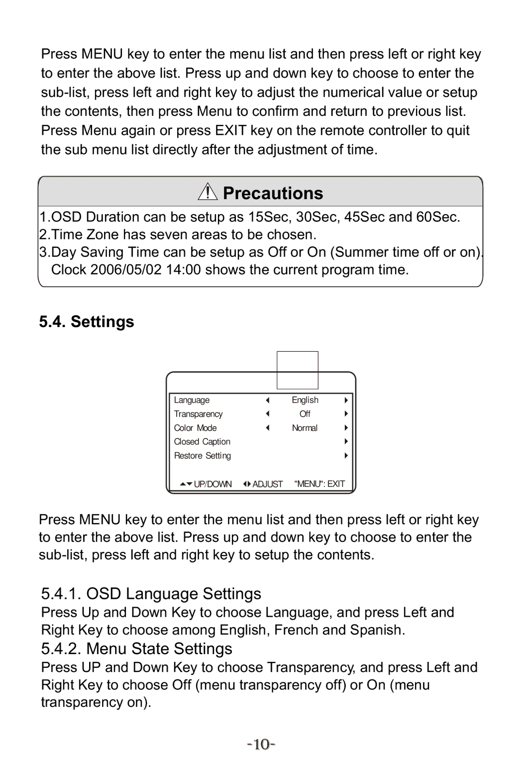 Curtis KCR2614A manual OSD Language Settings, Menu State Settings 