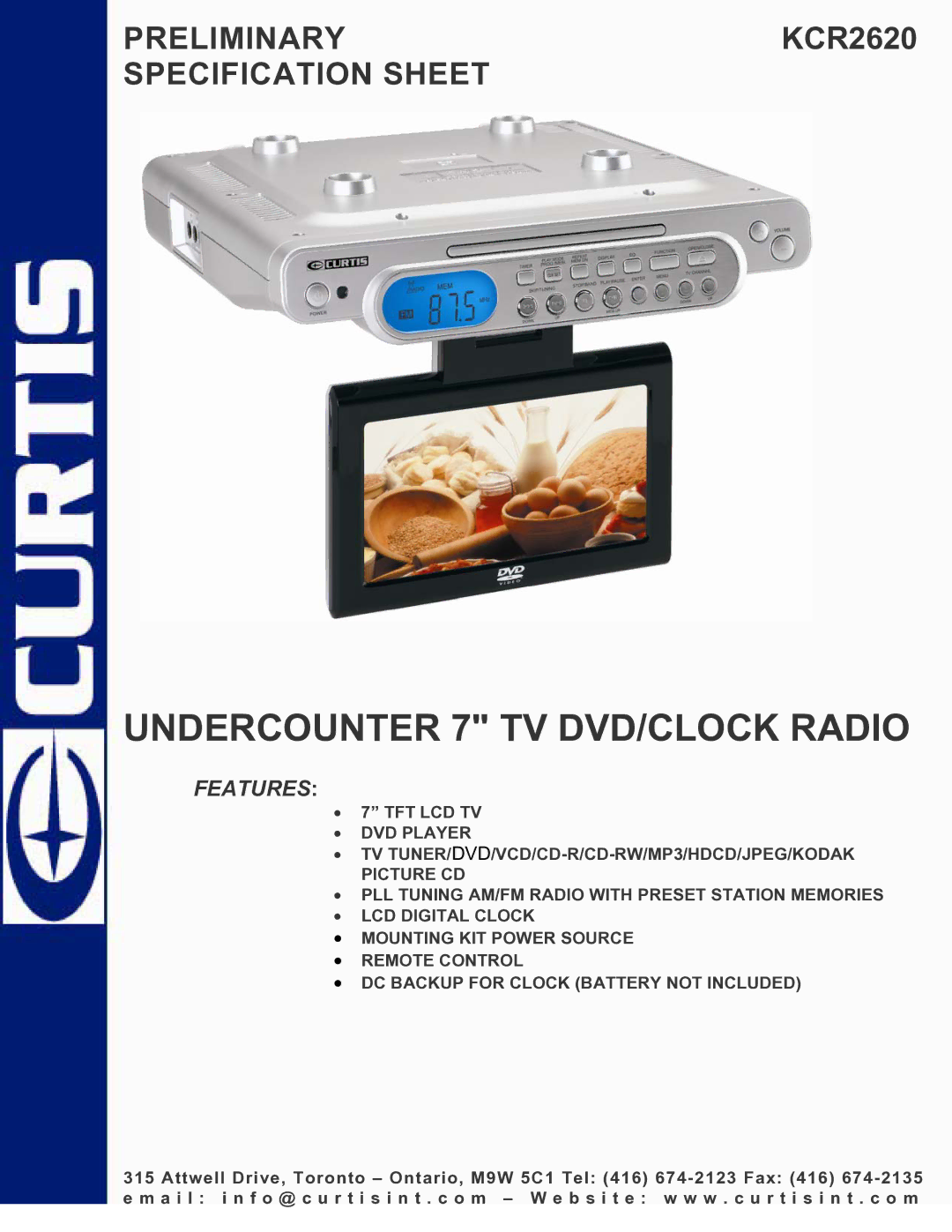 Curtis KCR2620 specifications Undercounter 7 TV DVD/CLOCK Radio, Features 