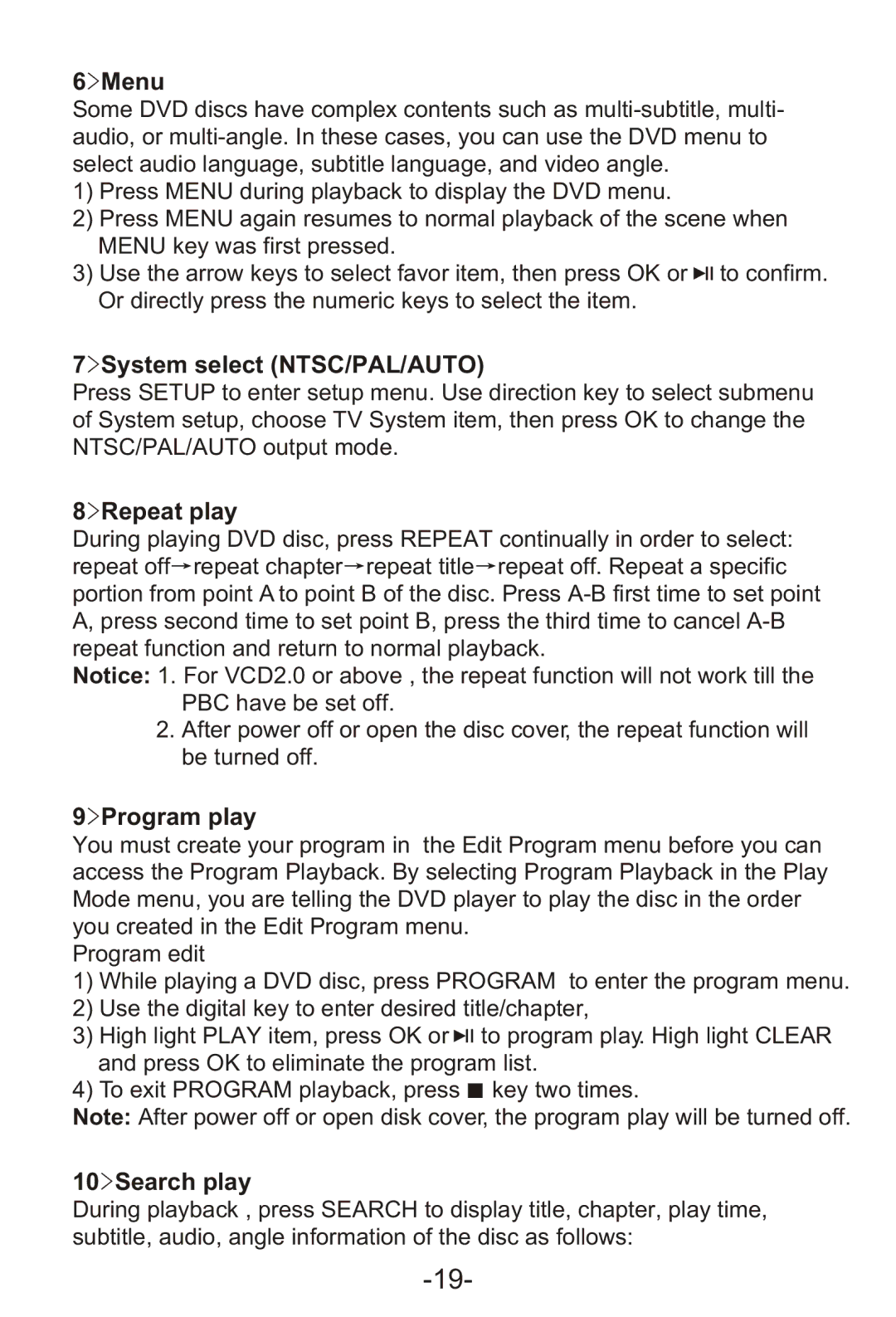 Curtis KCR2620DUK manual 6Menu, 7System select NTSC/PAL/AUTO, 8Repeat play, 9Program play, 10Search play 