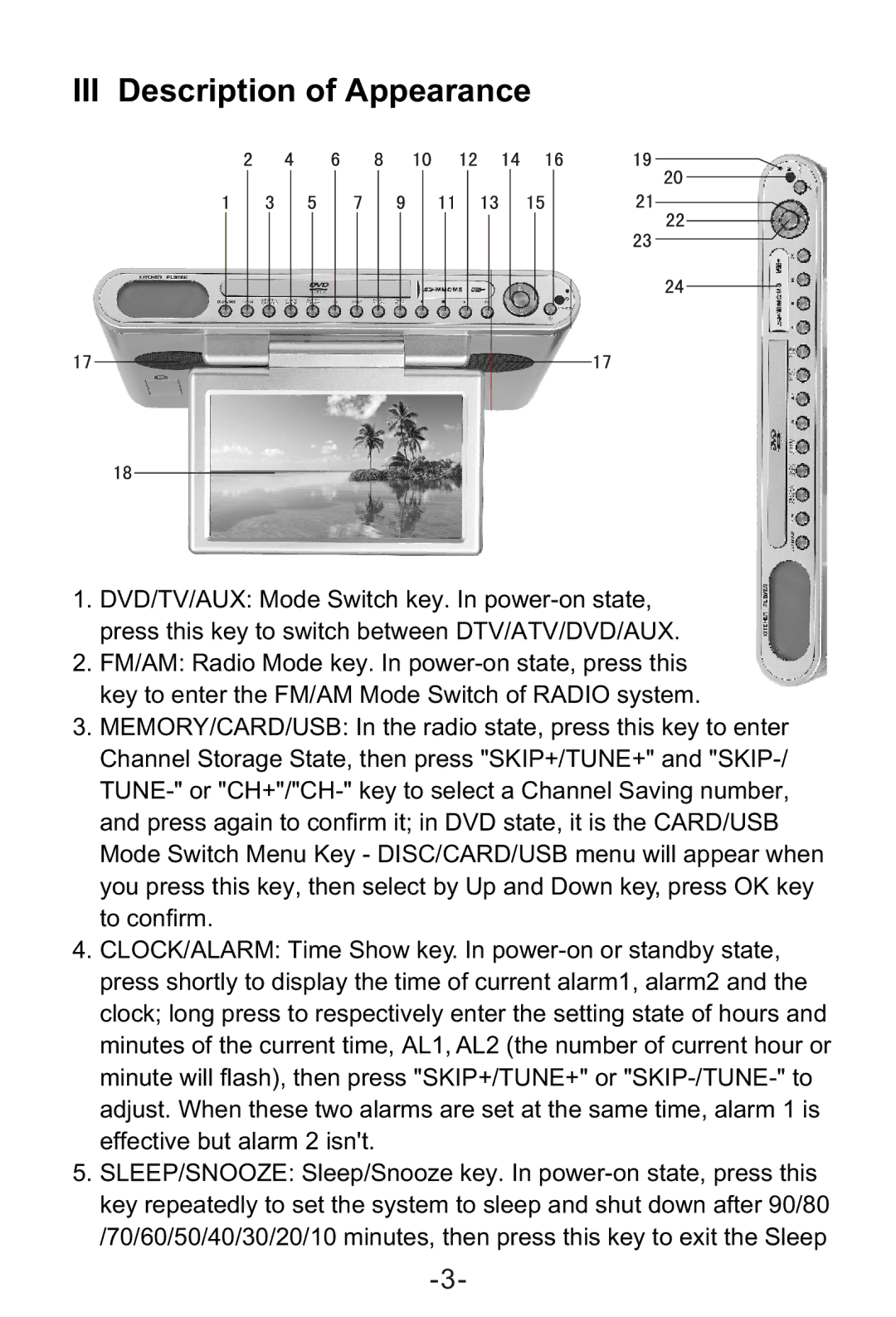 Curtis KCR2620DUK manual III Description of Appearance 