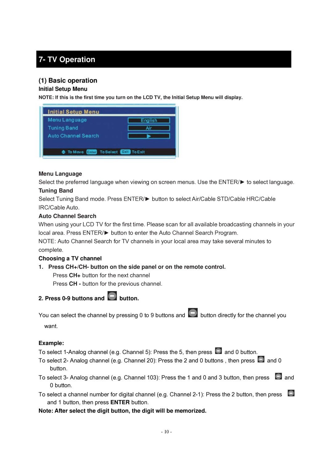 Curtis LCD 1922A operating instructions Basic operation, Menu Language, Tuning Band, Auto Channel Search 