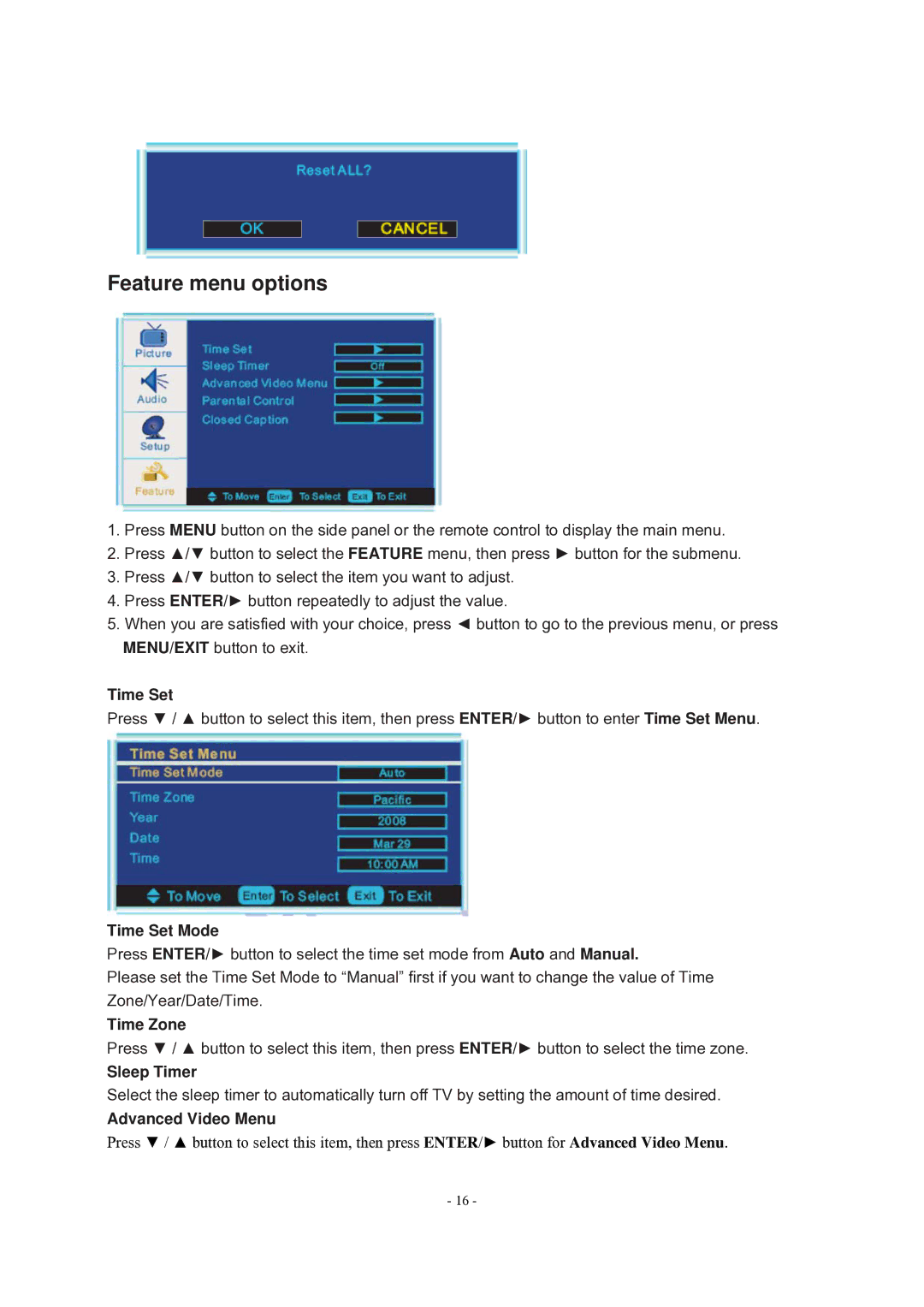 Curtis LCD 1922A operating instructions Feature menu options 