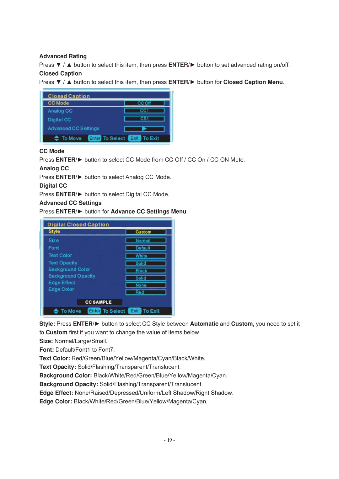 Curtis LCD 1922A operating instructions Advanced Rating, Closed Caption, CC Mode, Analog CC, Digital CC 