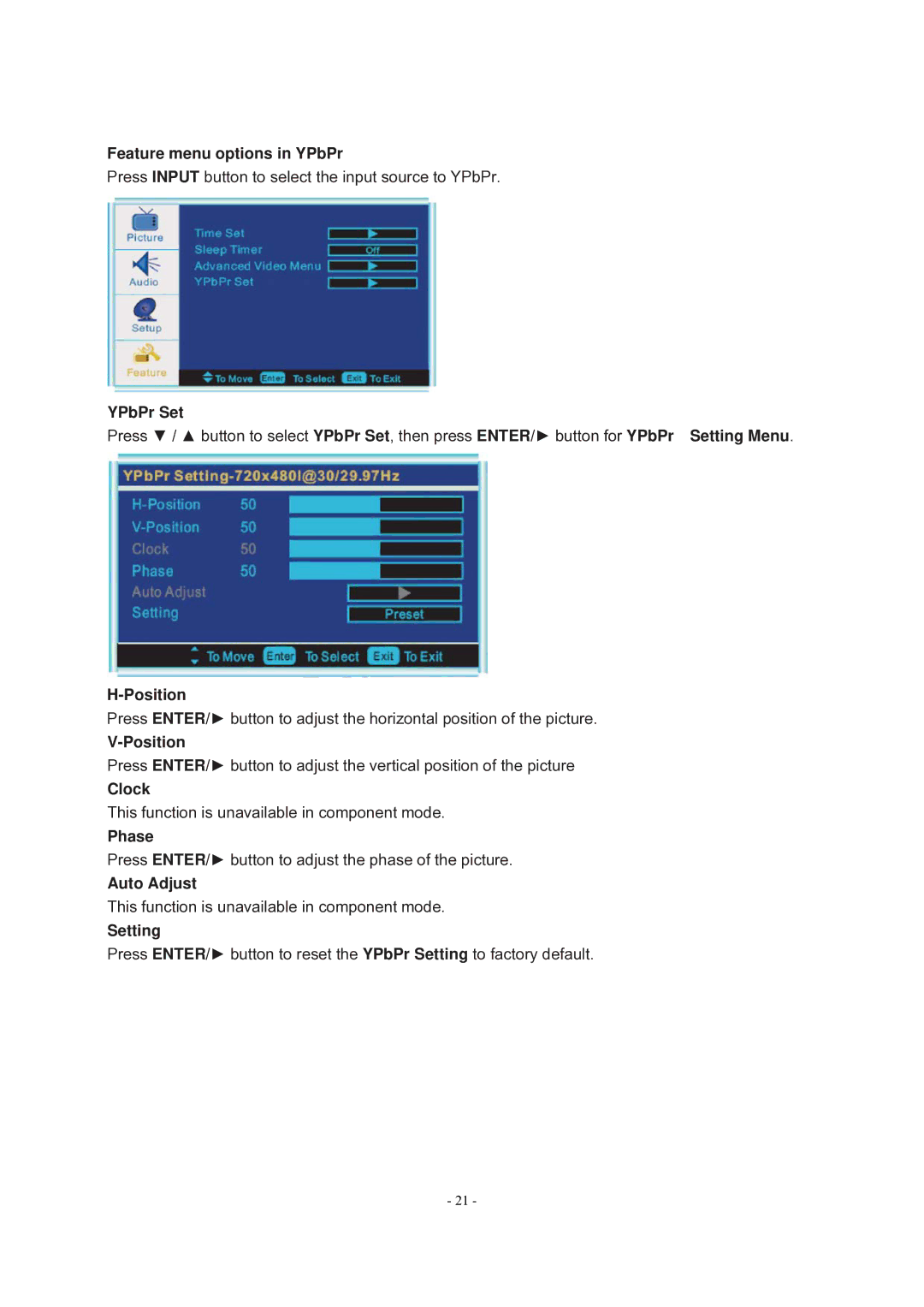 Curtis LCD 1922A operating instructions Feature menu options in YPbPr, YPbPr Set 