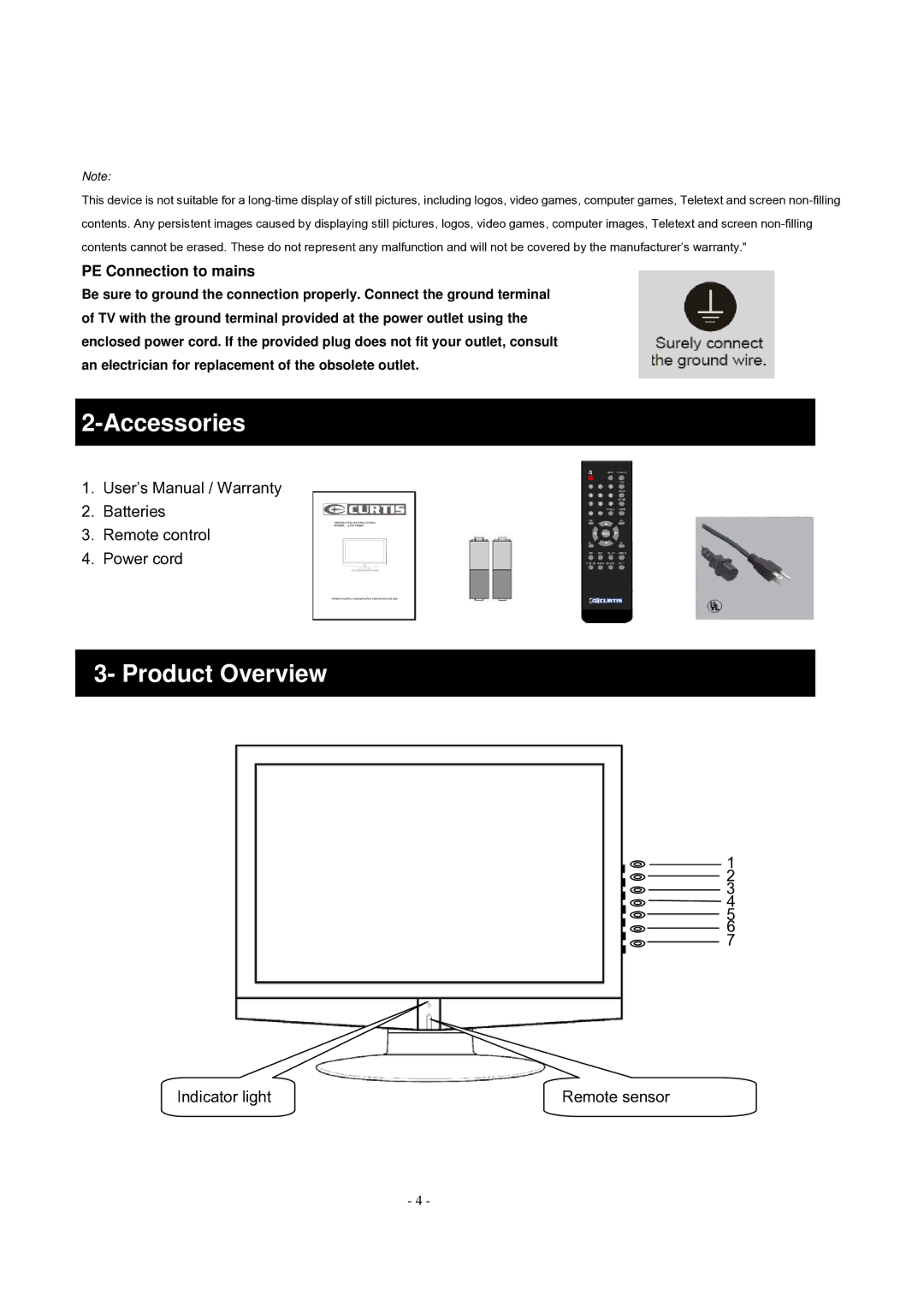 Curtis LCD 1922A operating instructions Accessories ain functions, Product Overview, PE Connection to mains 