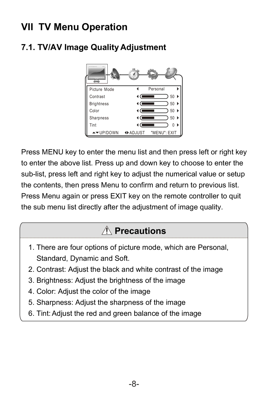 Curtis LCD1105A manual VII TV Menu Operation, TV/AV Image Quality Adjustment 