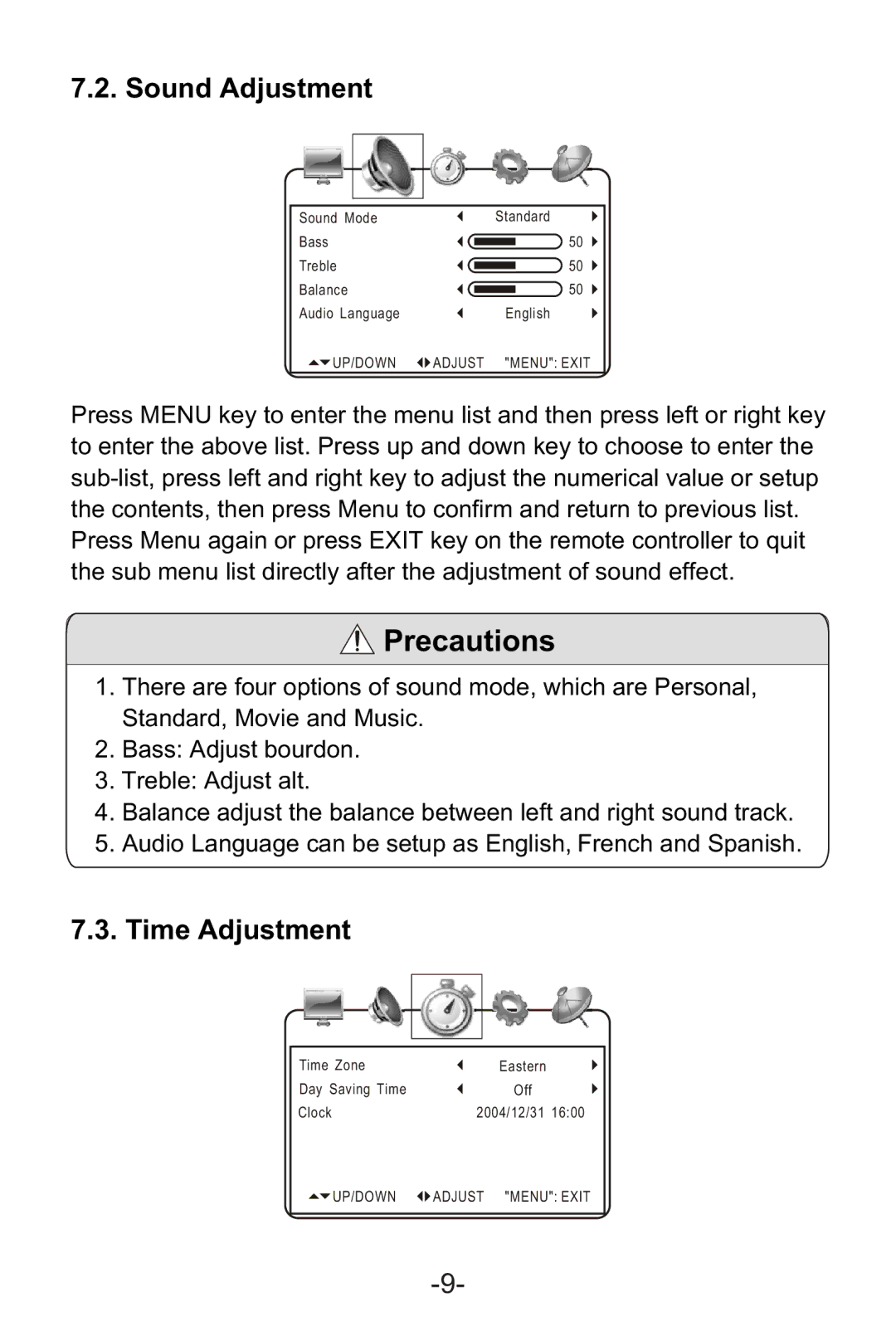 Curtis LCD1105A manual Sound Adjustment, Time Adjustment 