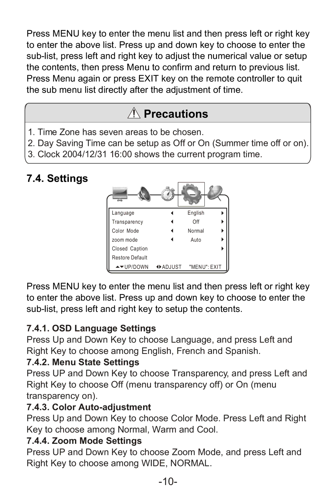 Curtis LCD1105A manual OSD Language Settings, Menu State Settings, Color Auto-adjustment, Zoom Mode Settings 