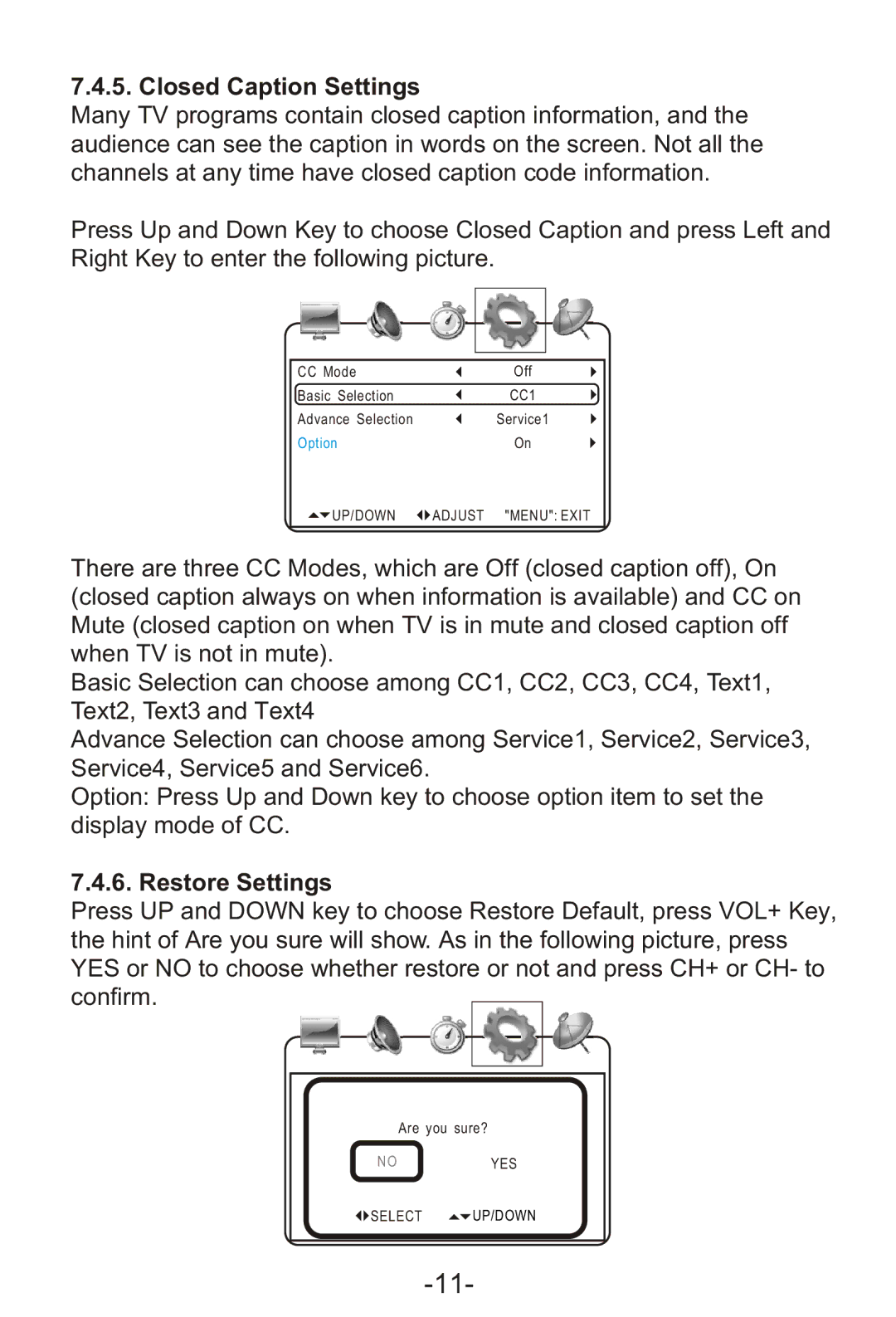 Curtis LCD1105A manual Closed Caption Settings, Restore Settings 