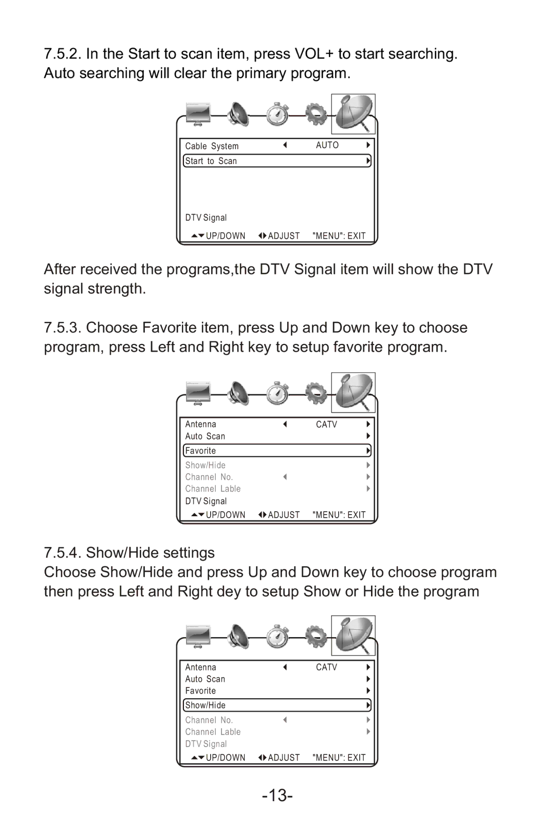 Curtis LCD1105A manual Show/Hide settings 