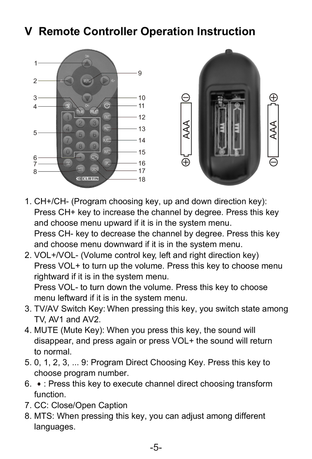 Curtis LCD1105A manual Remote Controller Operation Instruction, Aaa 