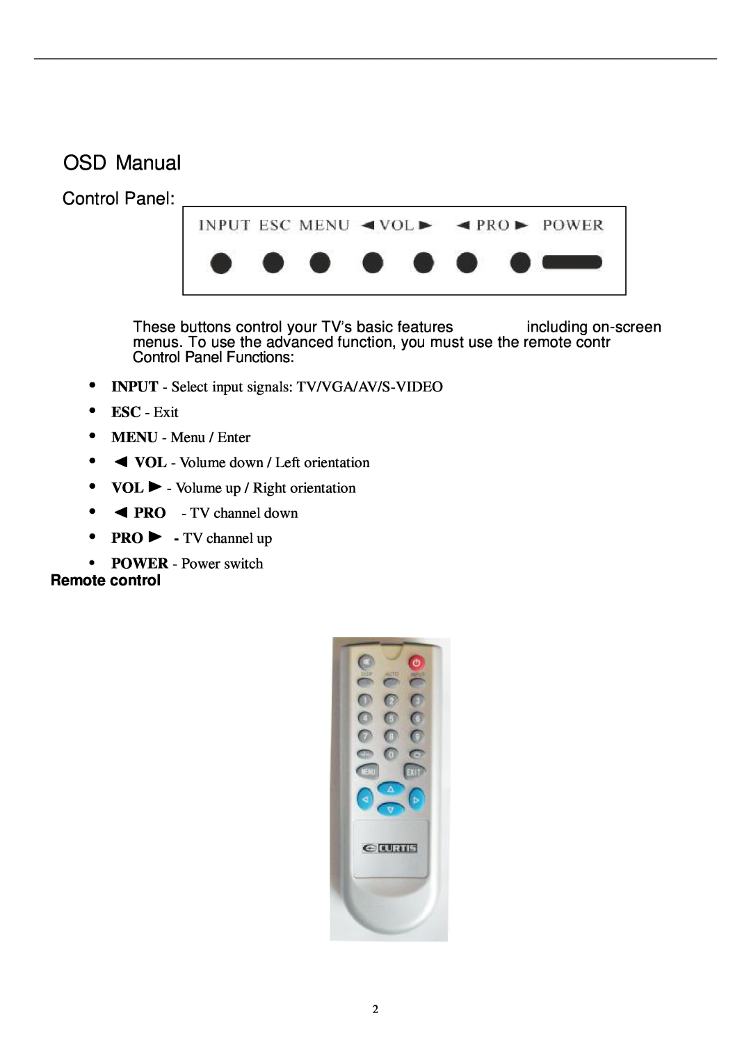 Curtis LCD1575 manual OSD Manual, Control Panel, Remote control 