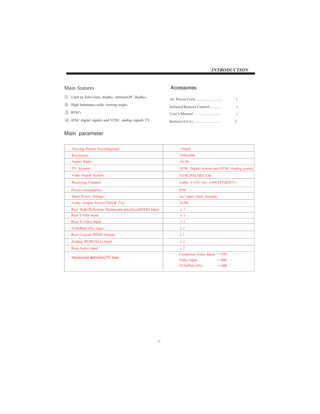 Curtis LCD1905A user manual Main parameter 