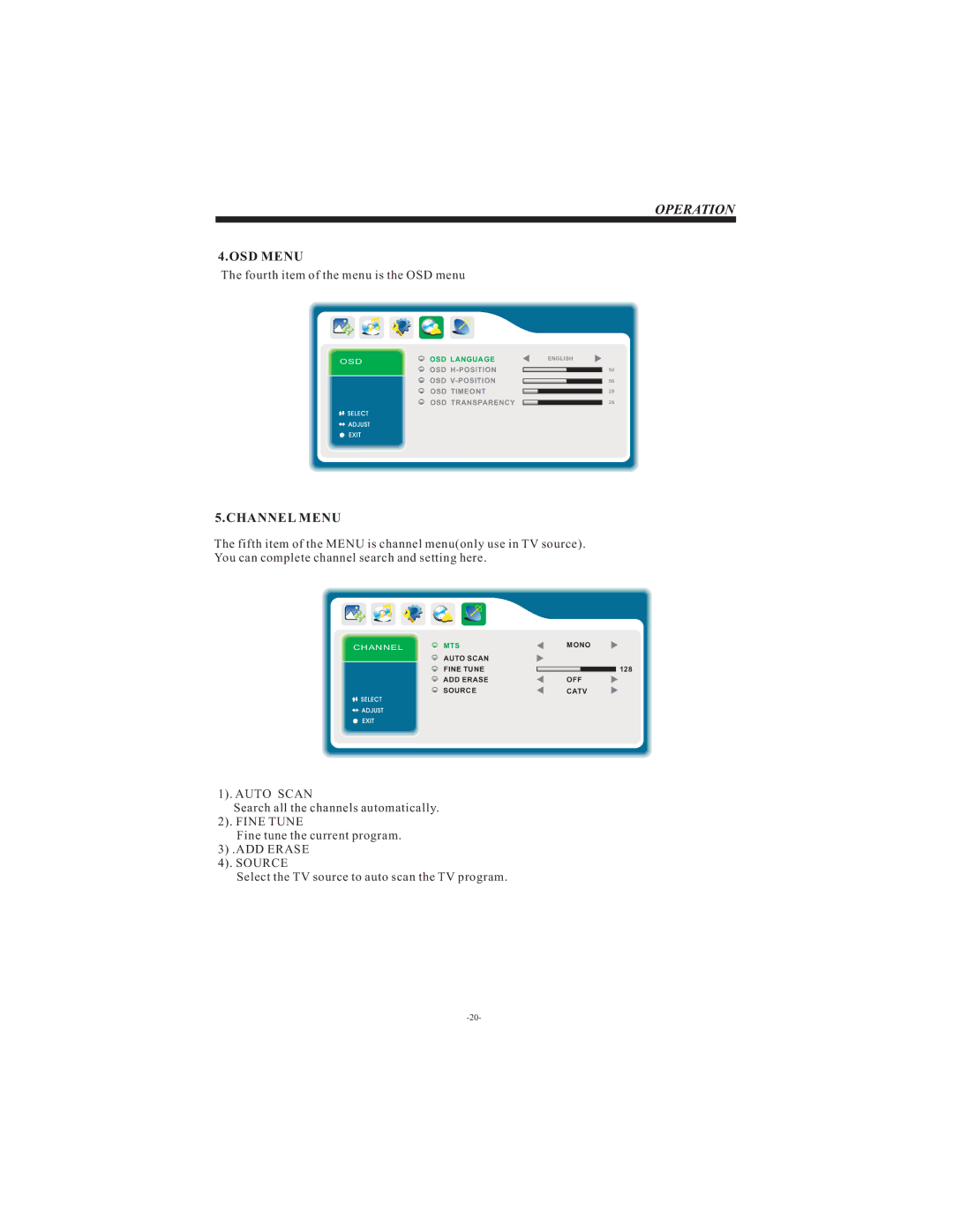 Curtis LCD1911 user manual OSD Menu, Channel Menu 