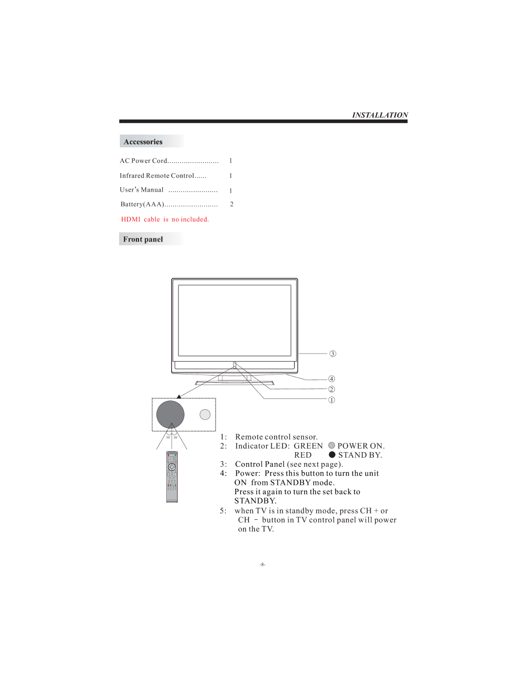 Curtis LCD1911 user manual RED Stand by, Installation 