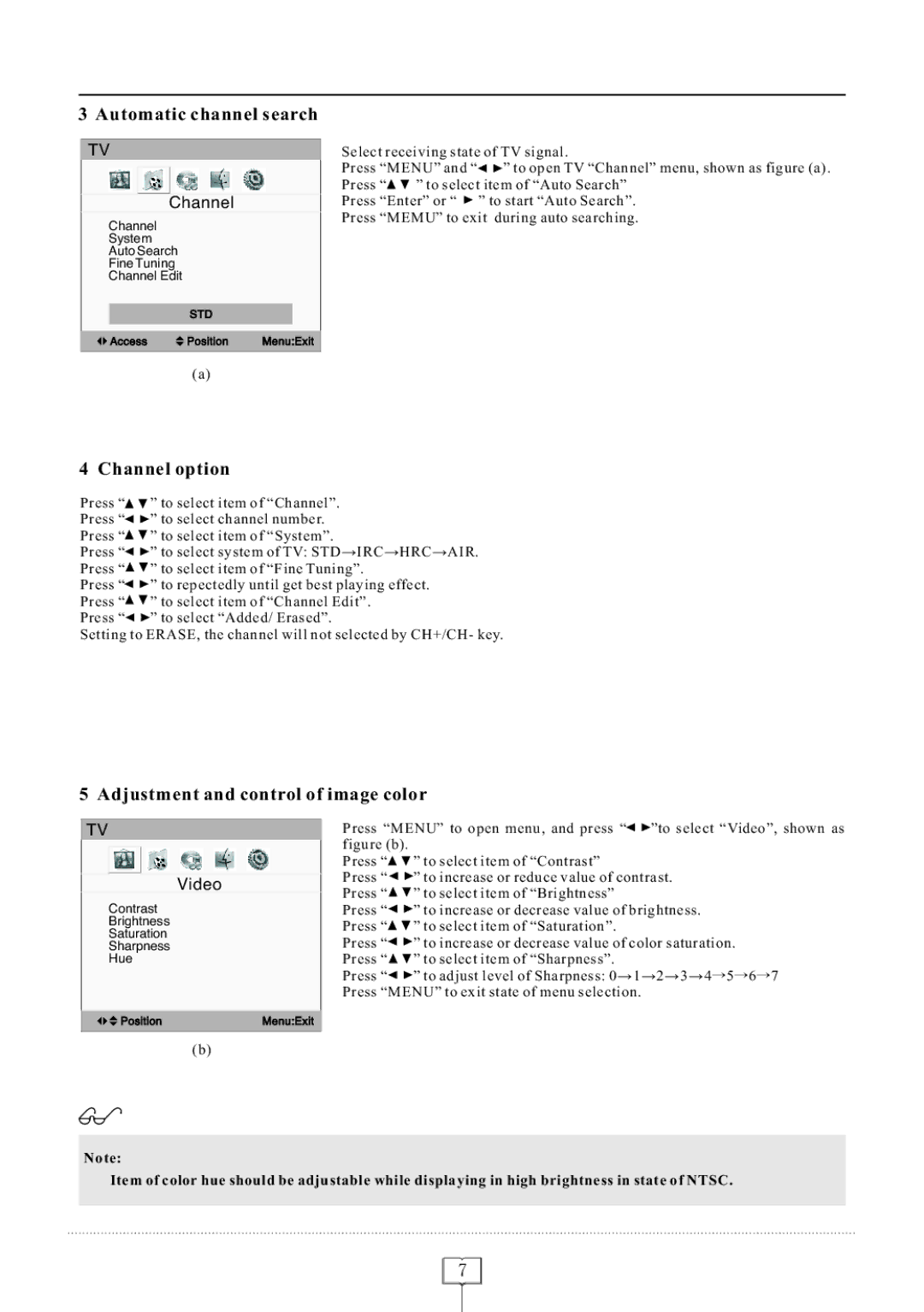 Curtis LCD1922 Automatic channel search, Channel option, Adjustment and control of image color, Video 