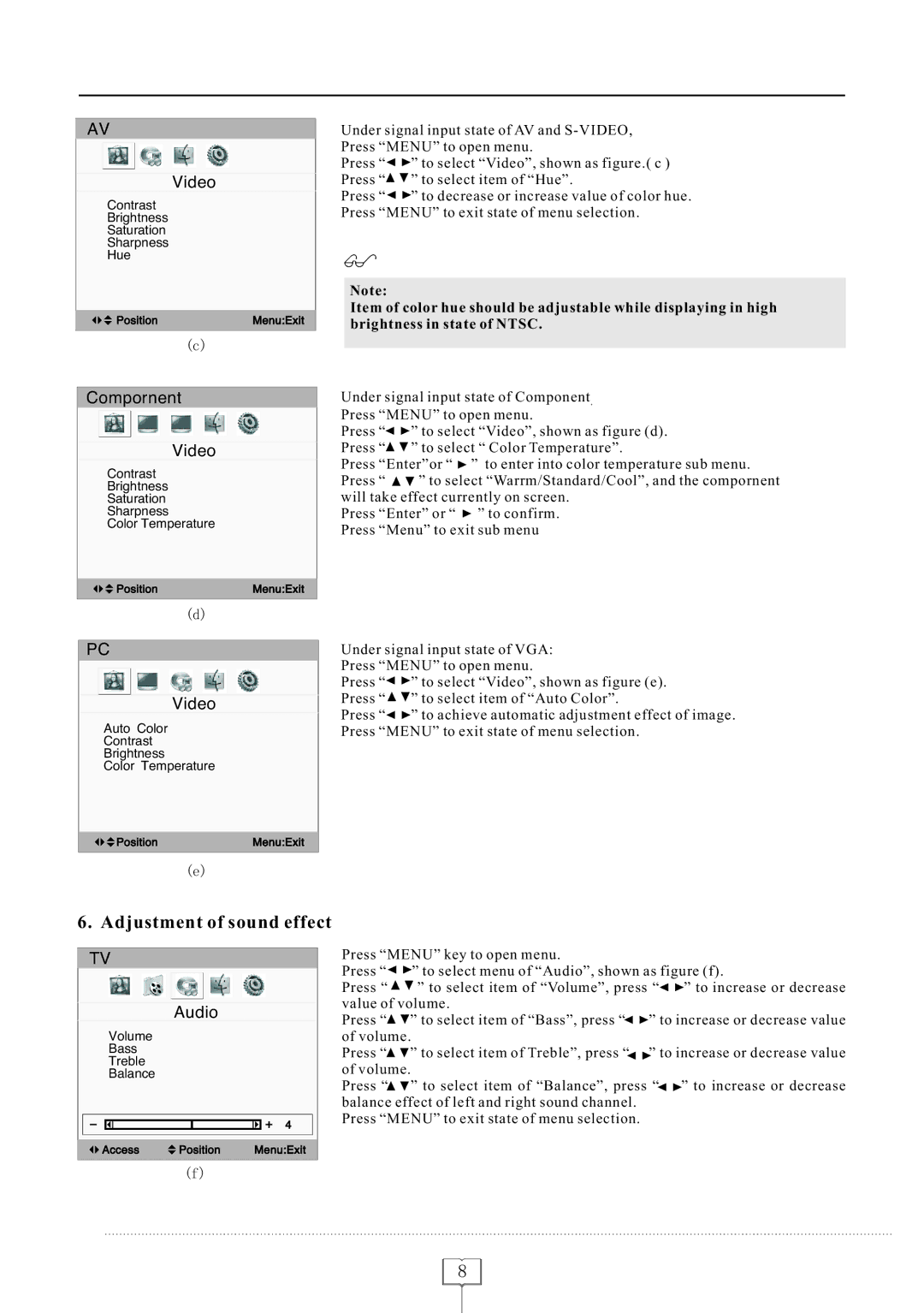 Curtis LCD1922 operating instructions Adjustment of sound effect, Compornent Video, Audio 