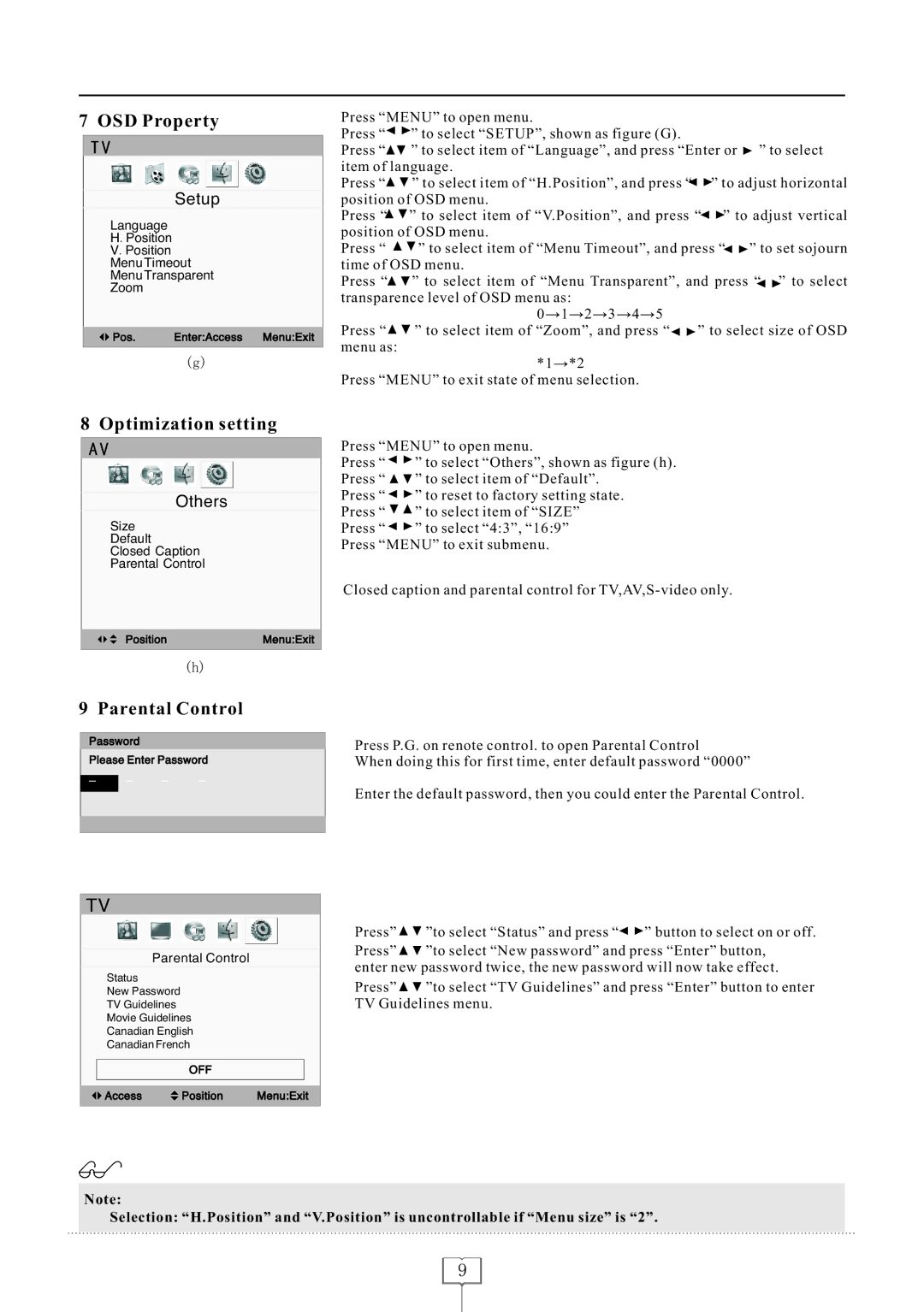 Curtis LCD1922 operating instructions OSD Property, Optimization setting, Parental Control, Setup, Others 