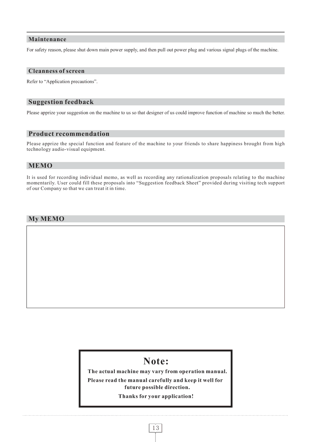 Curtis LCD1922 Suggestion feedback, Product recommendation, My Memo, Maintenance, Cleanness of screen 