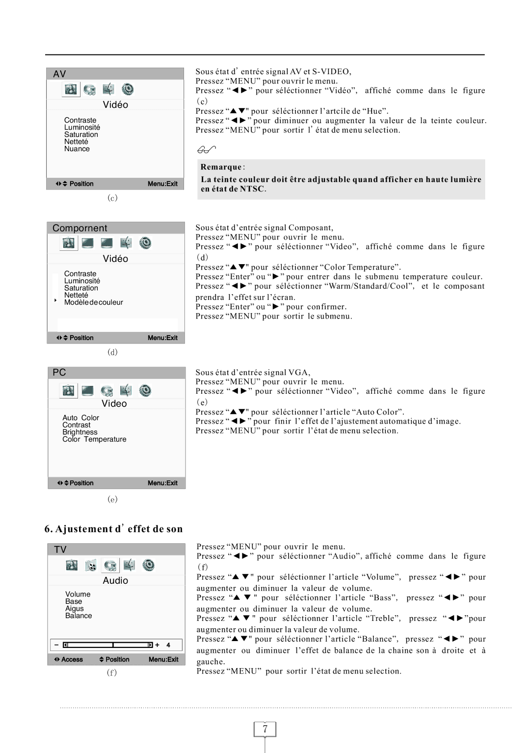 Curtis LCD1922 operating instructions Ajustement deffet de son, Compornent Vidéo 