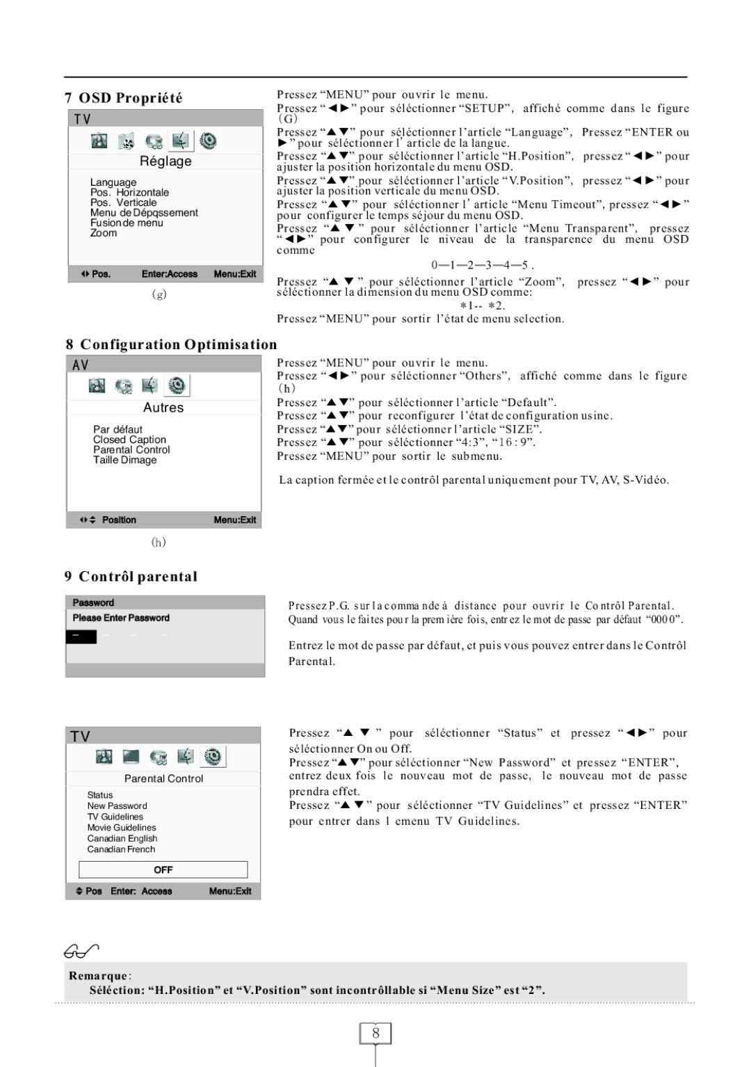 Curtis LCD1922 operating instructions OSD Propriété, Configuration Optimisation, Contrôl parental, Réglage, Autres 