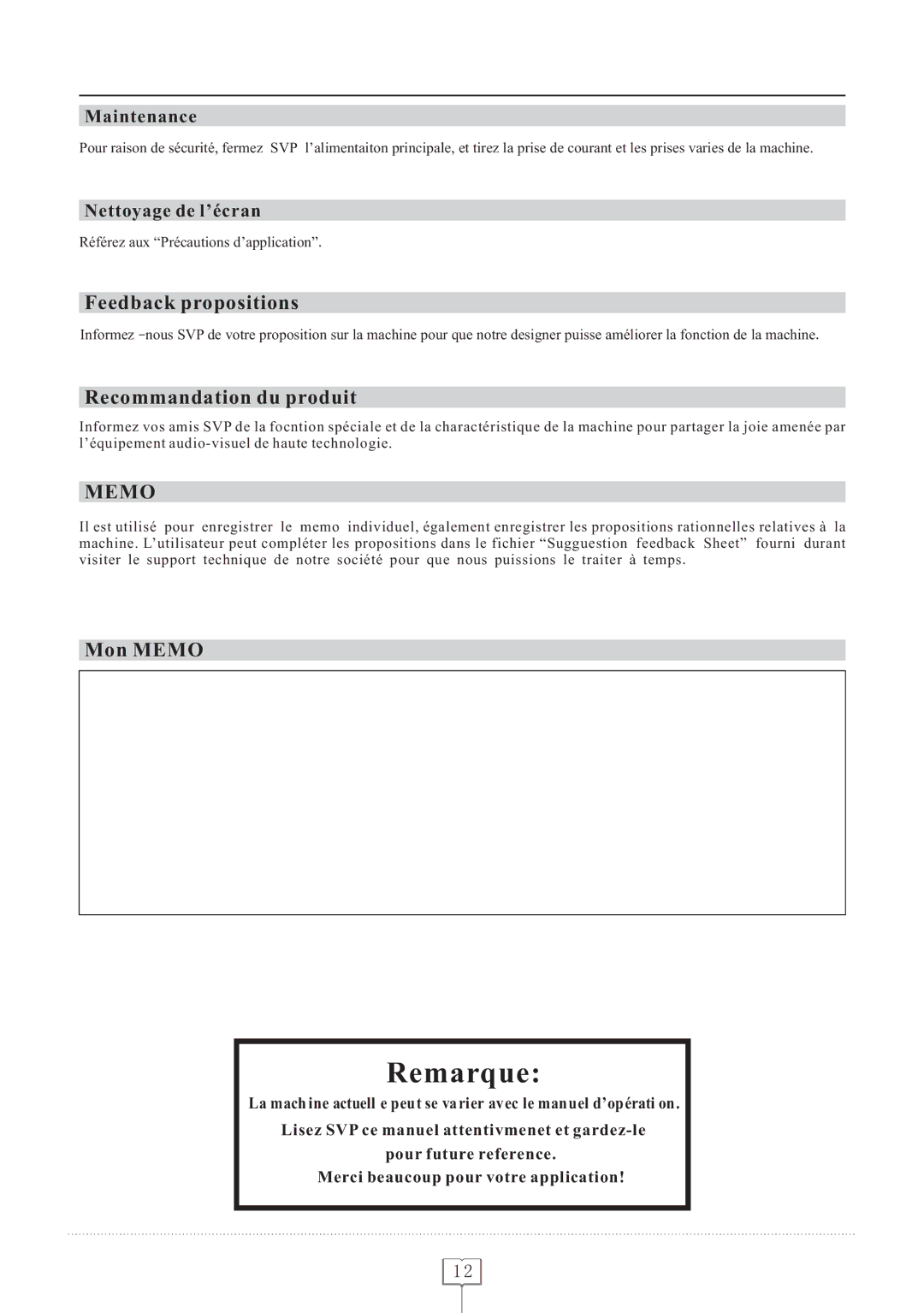 Curtis LCD1922 operating instructions Feedback propositions, Recommandation du produit, Mon Memo, Nettoyage de l’écran 