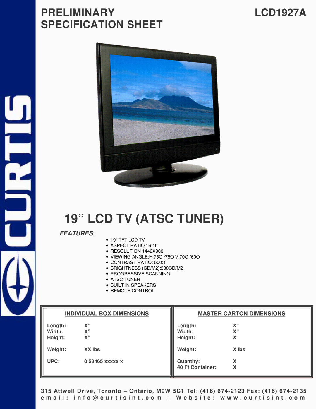 Curtis LCD1927A specifications LCD TV Atsc Tuner, Features, Individual BOX Dimensions Master Carton Dimensions 