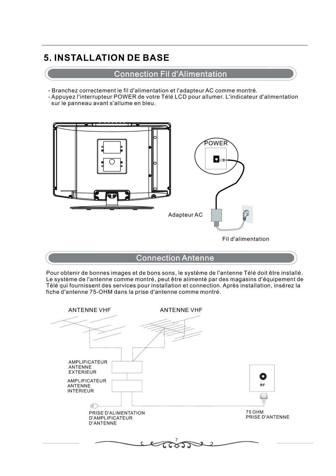 Curtis LCD1933 manual Installation DE Base, Connection Fil dAlimentation 