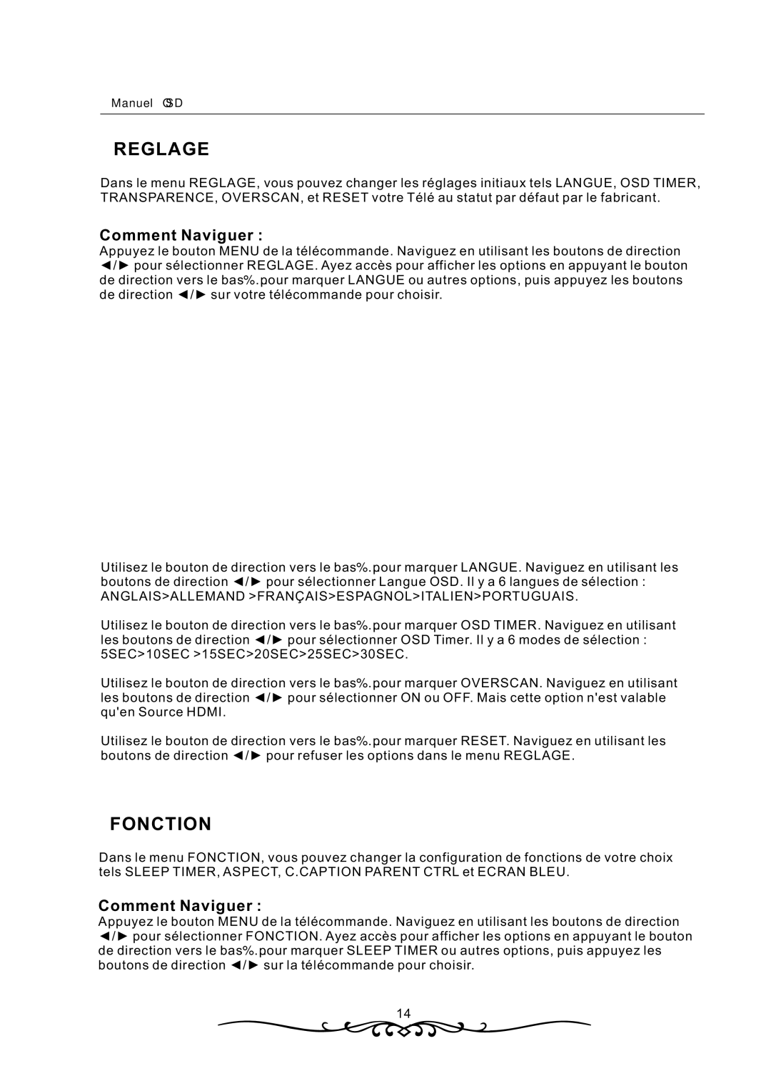 Curtis LCD1933 manual Reglage, Fonction 