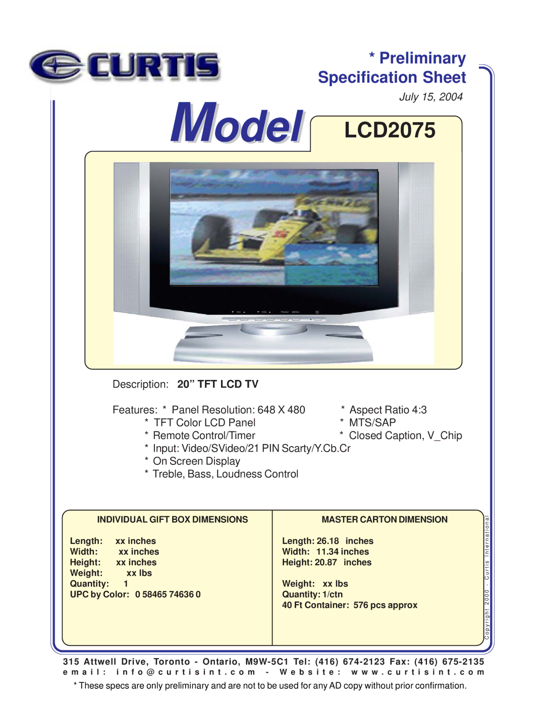 Curtis specifications Model LCD2075, Description 20 TFT LCD TV, Mts/Sap, Individual Gift BOX Dimensions 