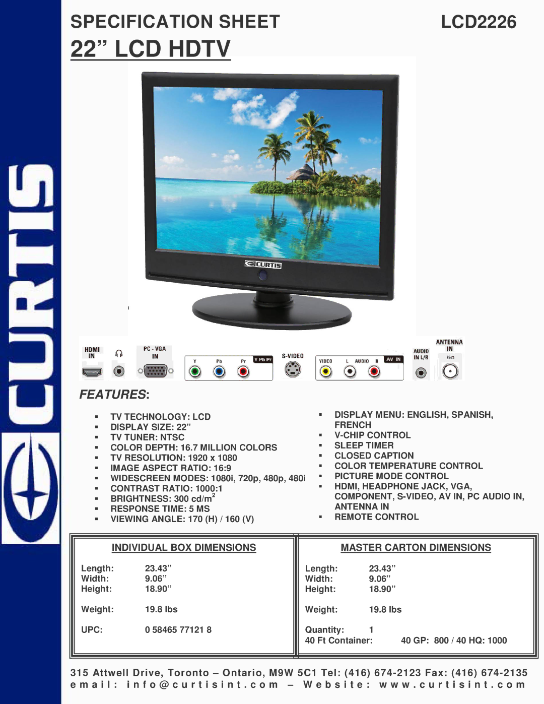 Curtis LCD2226 specifications LCD Hdtv, Features, Individual BOX Dimensions Master Carton Dimensions 