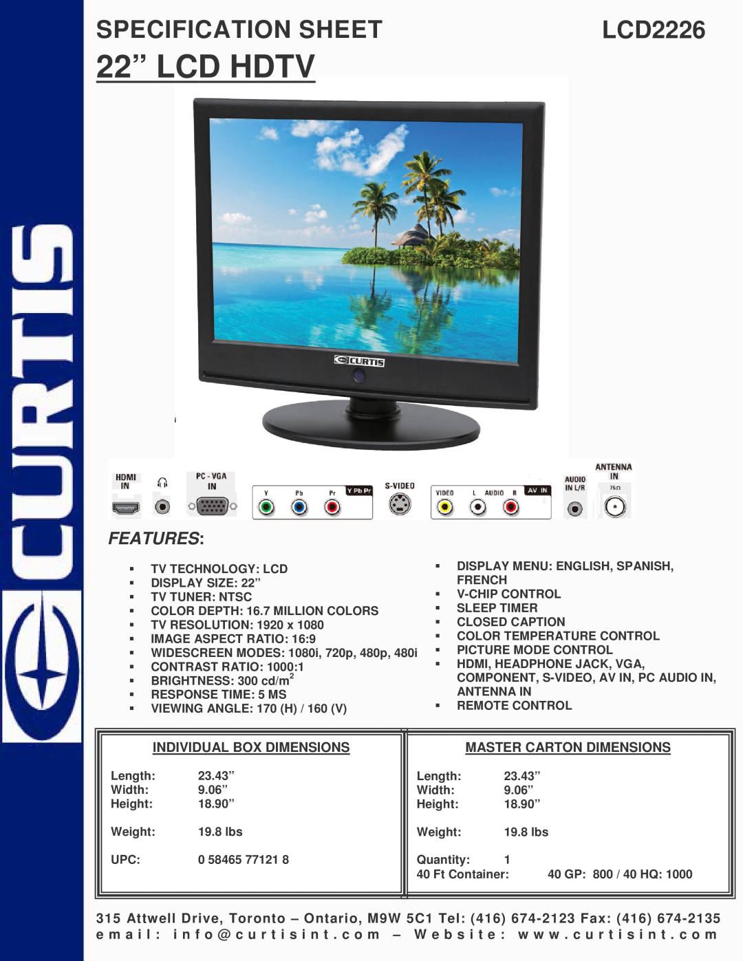 Curtis LCD2226 specifications 22” LCD HDTV, Specification Sheet, Features, Individual Box Dimensions 