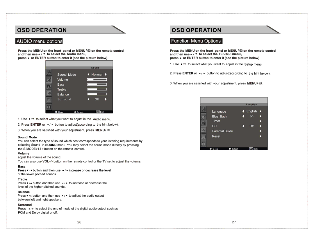 Curtis LCD2277 manual OSD Operation, Audio menu options Function Menu Options 