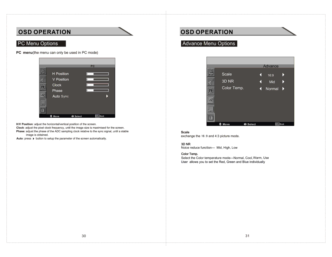 Curtis LCD2277 manual PC Menu Options, Advance Menu Options 