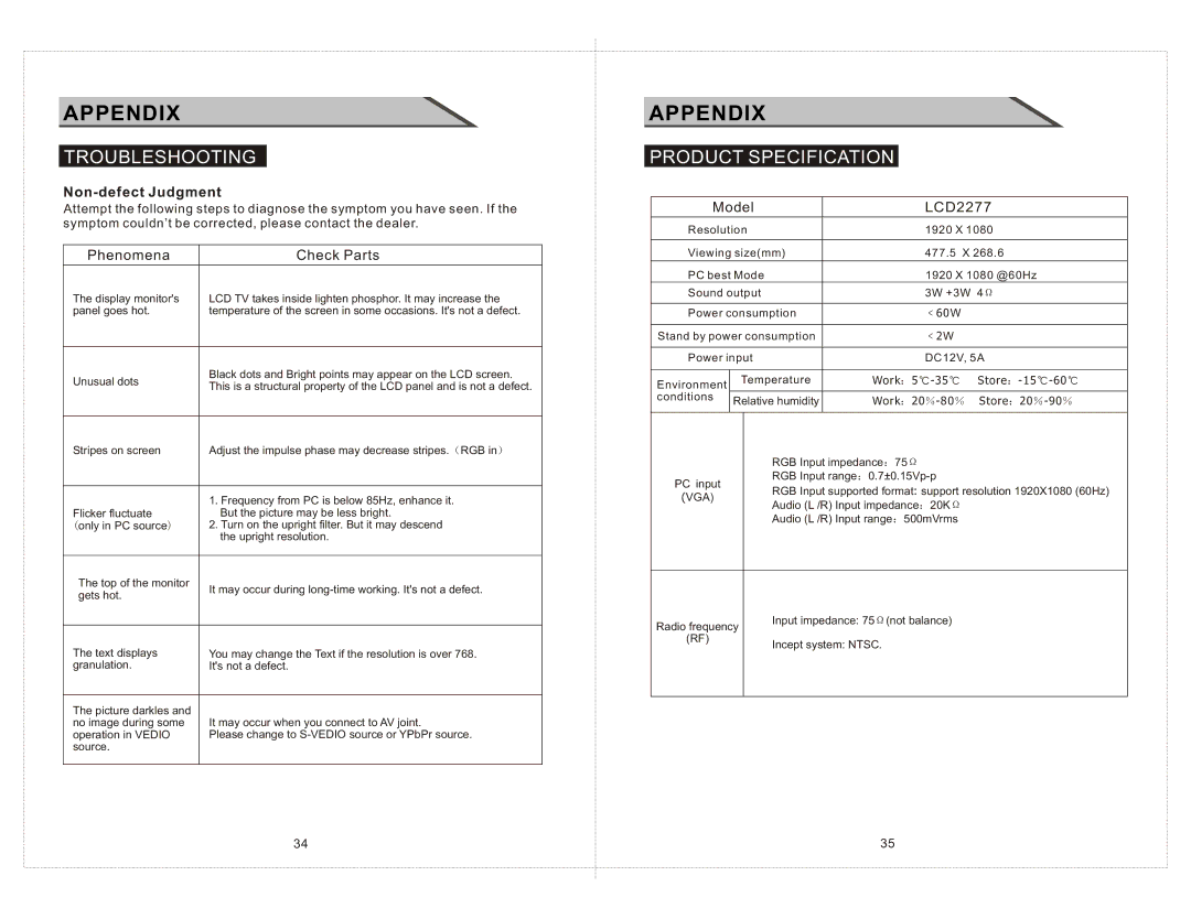 Curtis LCD2277 manual Product Specification, Non-defect Judgment 