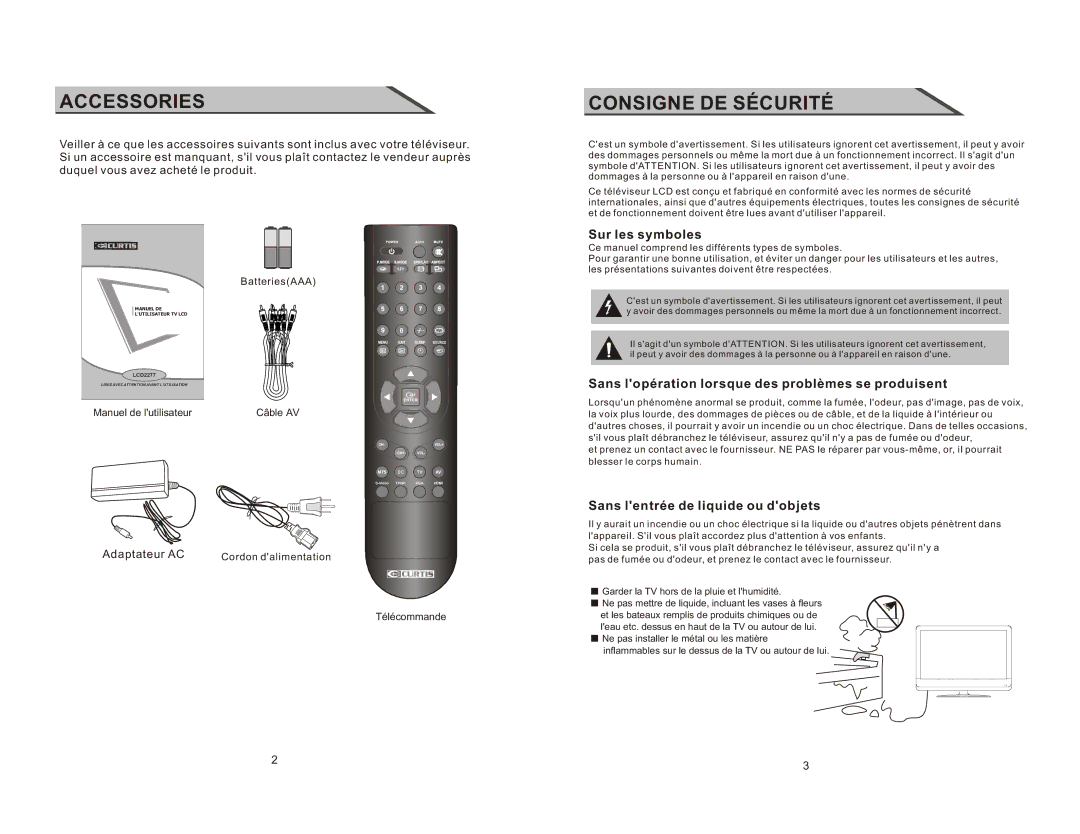 Curtis LCD2277 Sur les symboles, Sans lopération lorsque des problèmes se produisent, Sans lentrée de liquide ou dobjets 