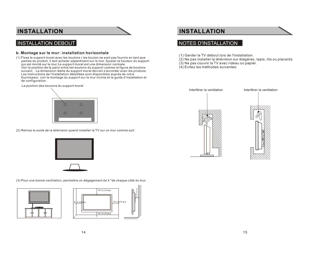 Curtis LCD2277 manual Installation Debout, Montage sur le mur installation horizontale 