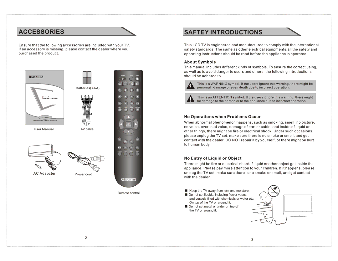 Curtis LCD2277 manual About Symbols, No Operations when Problems Occur, No Entry of Liquid or Object 