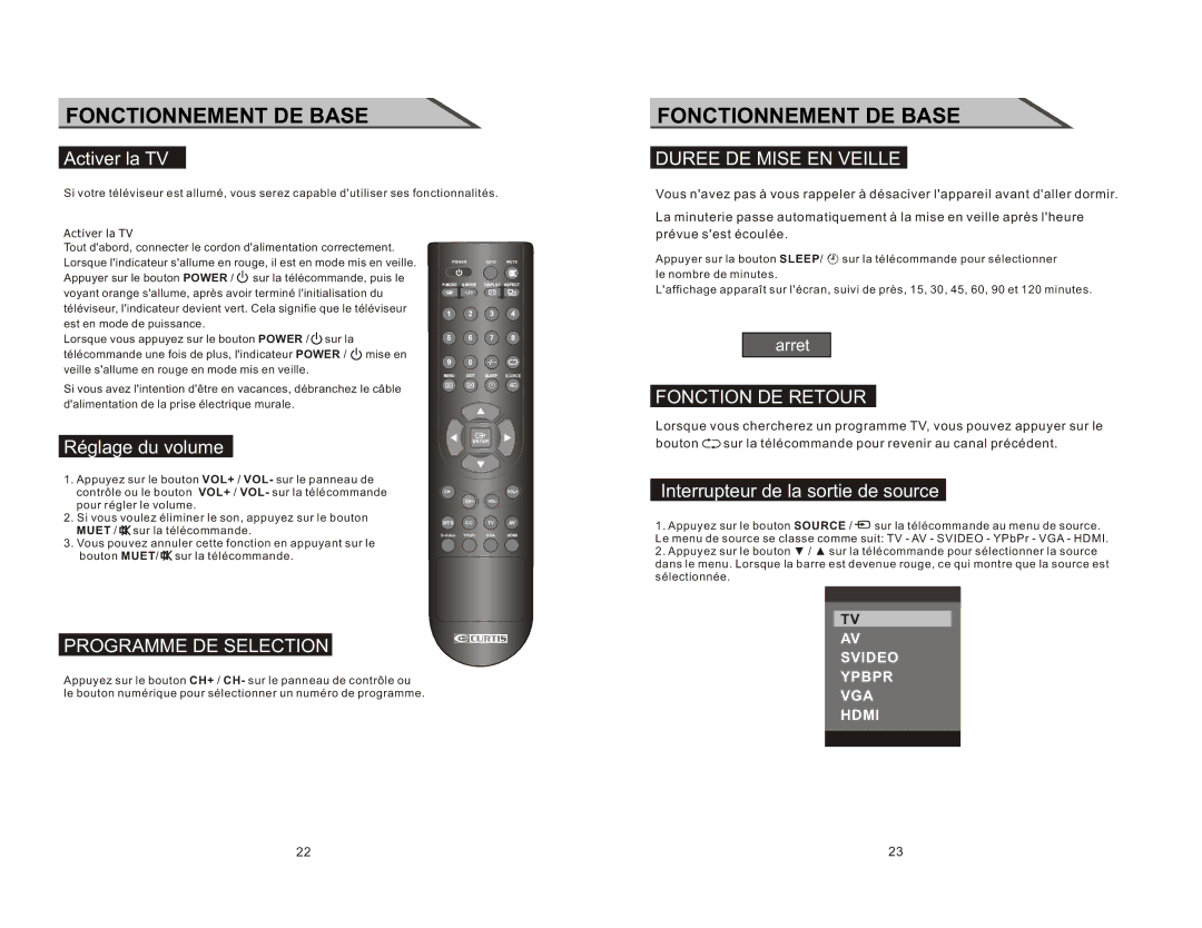 Curtis LCD2277 manual Fonctionnement DE Base, Duree DE Mise EN Veille, Fonction DE Retour, Programme DE Selection 