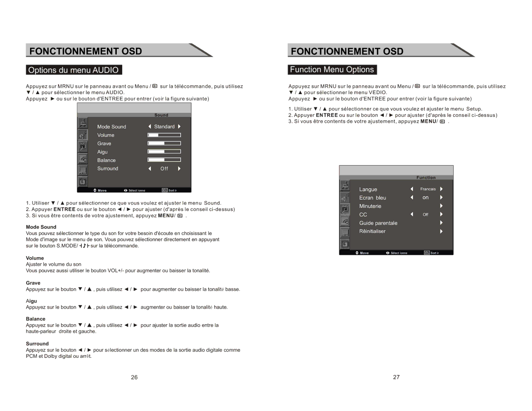 Curtis LCD2277 manual Options du menu Audio, Mode Sound Standard Volume Grave Aigu Balance Surround 