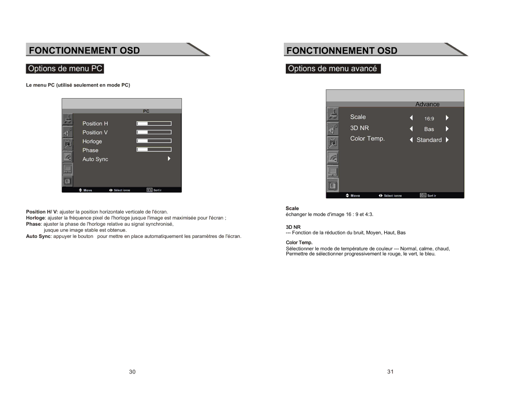 Curtis LCD2277 manual Options de menu PC, Options de menu avancé 