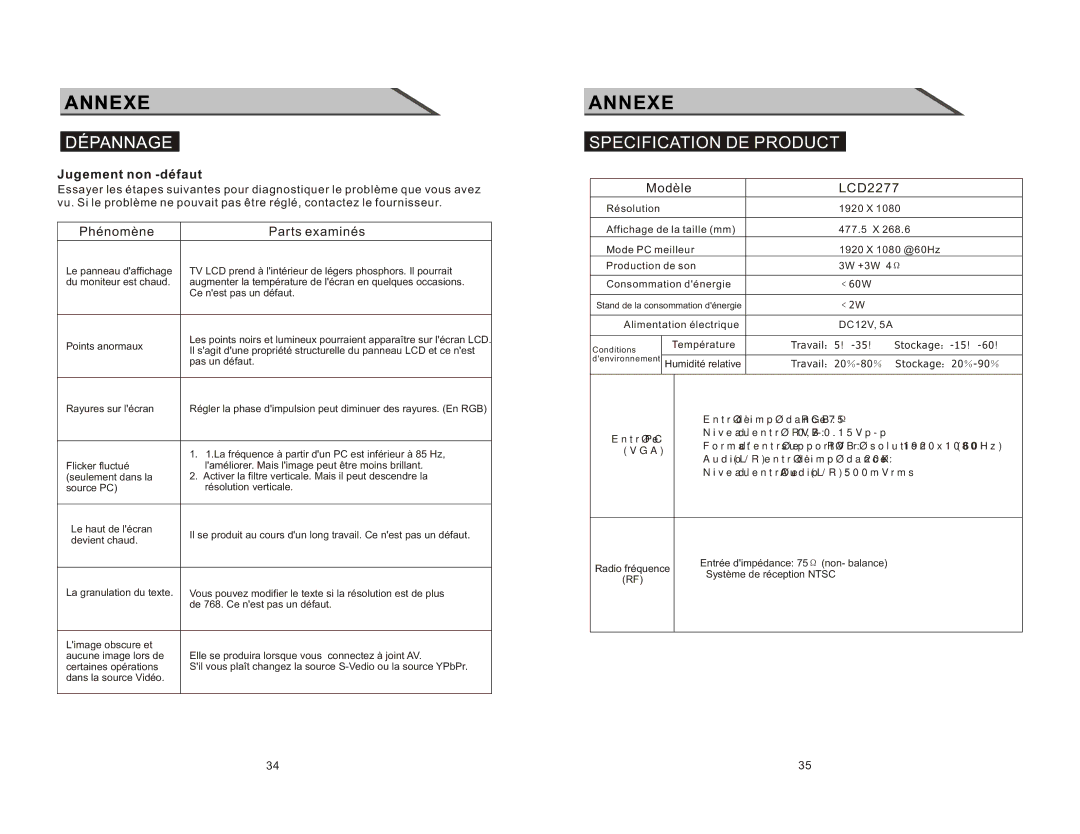 Curtis LCD2277 manual Specification DE Product, Jugement non -défaut 