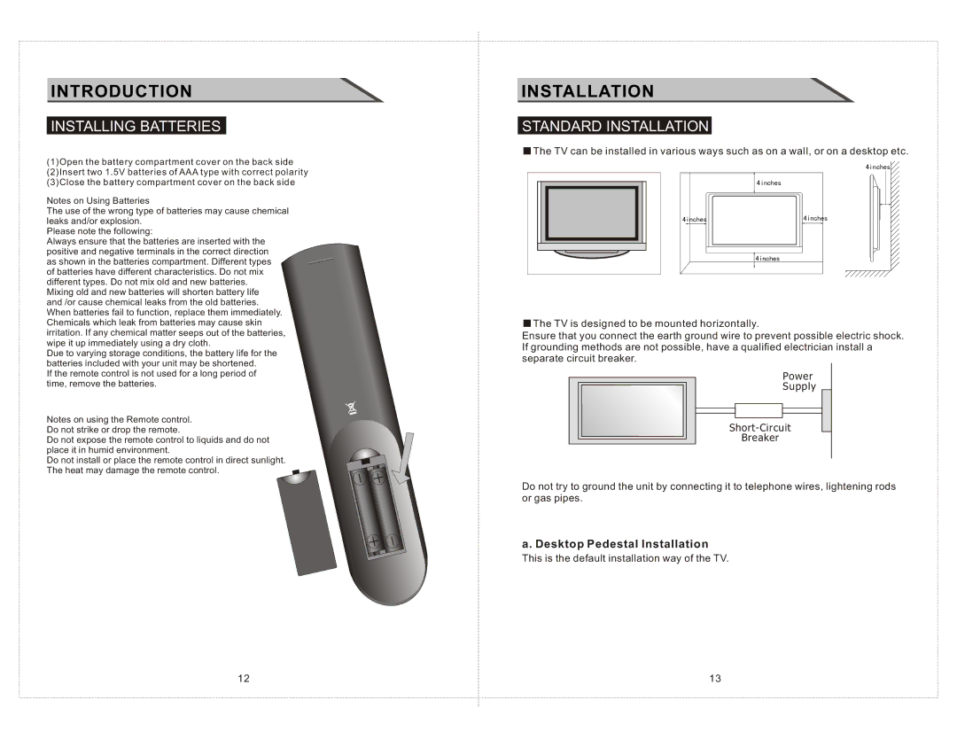 Curtis LCD2277 manual Installing Batteries, Standard Installation, Desktop Pedestal Installation 