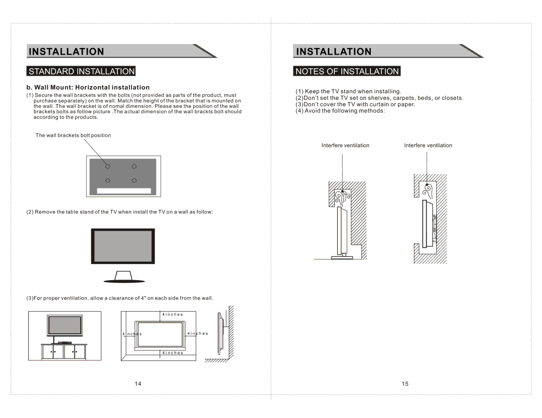 Curtis LCD2277 manual Wall Mount Horizontal installation 