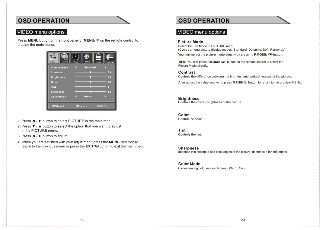 Curtis LCD2424A manual OSD Operation, Video menu options 