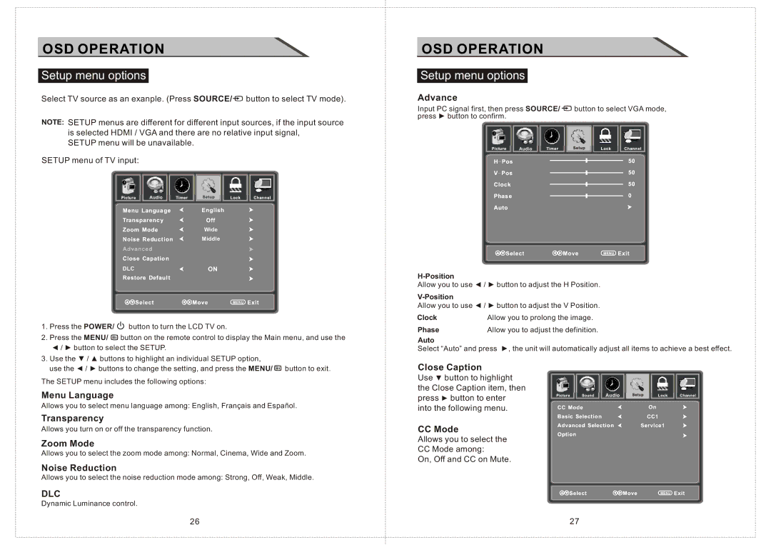 Curtis LCD2424A manual Setup menu options 